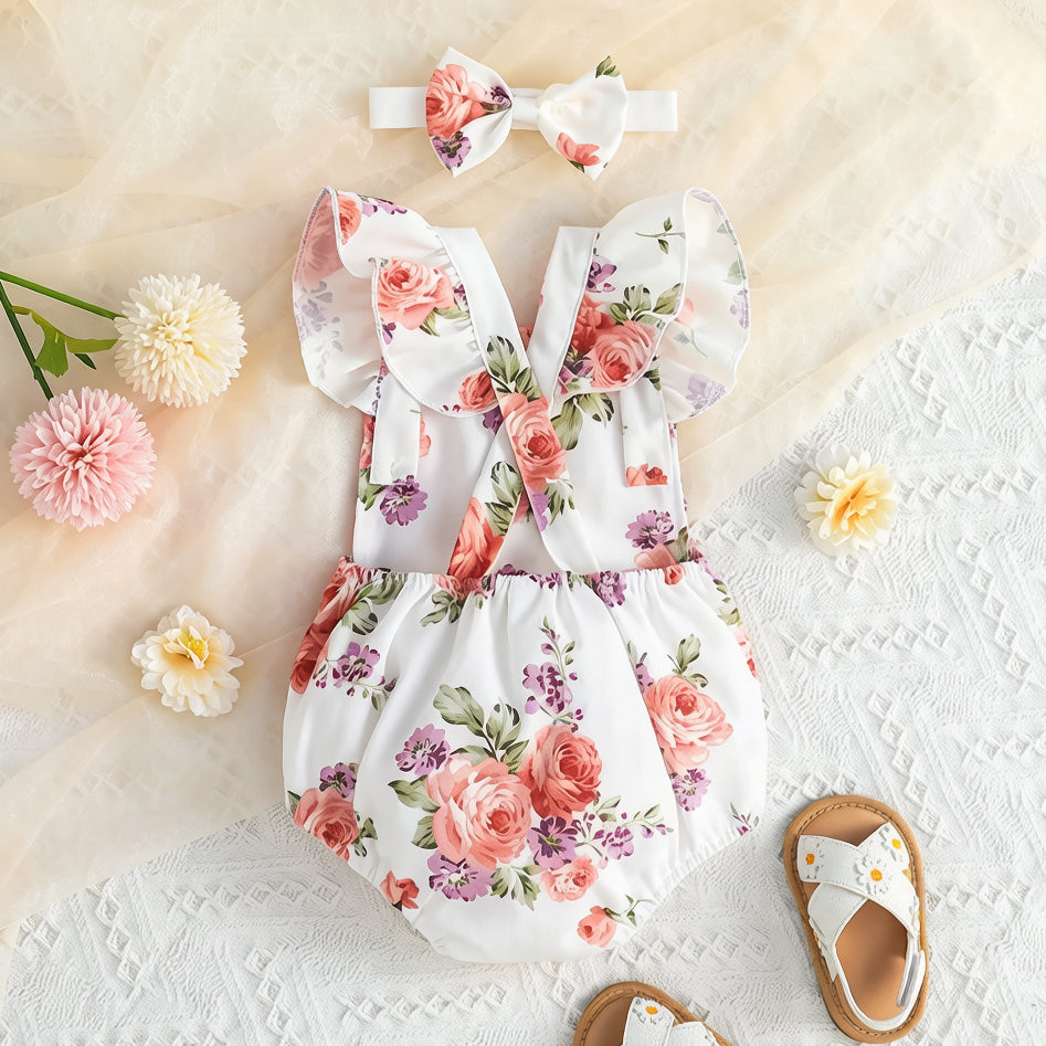2PCS Elegant Floral Print Flutter Sleeve Baby Romper