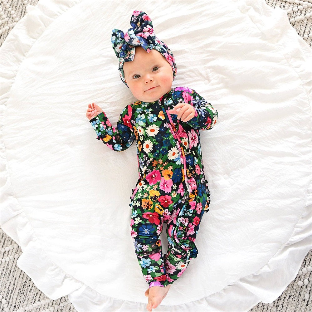 2PCS Allover Floral Print Ruffle Long Sleeve Baby Jumpsuit
