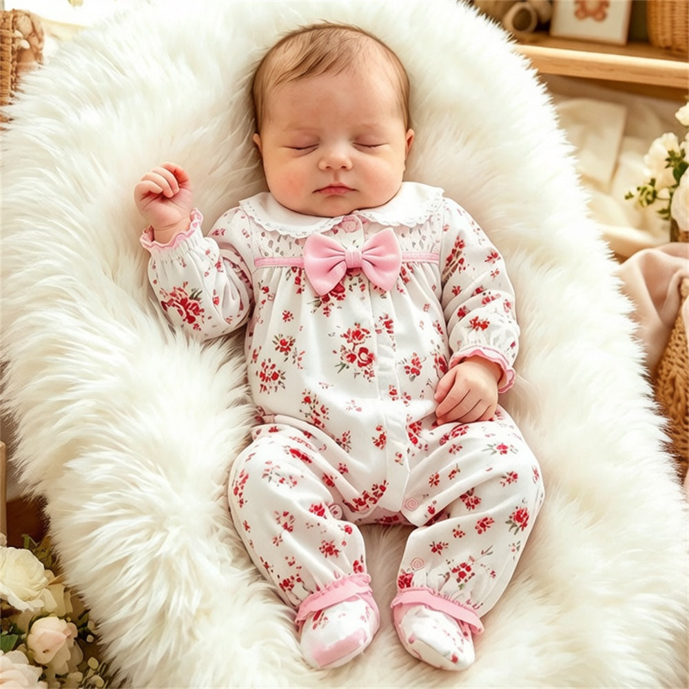 Pretty Floral Printed Bowknot Decor Long Sleeve Baby Jumpsuit