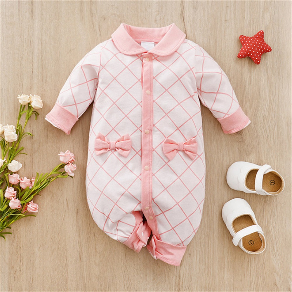 Sweet Plaid Print Polo Collar Long Sleeve Baby Jumpsuit