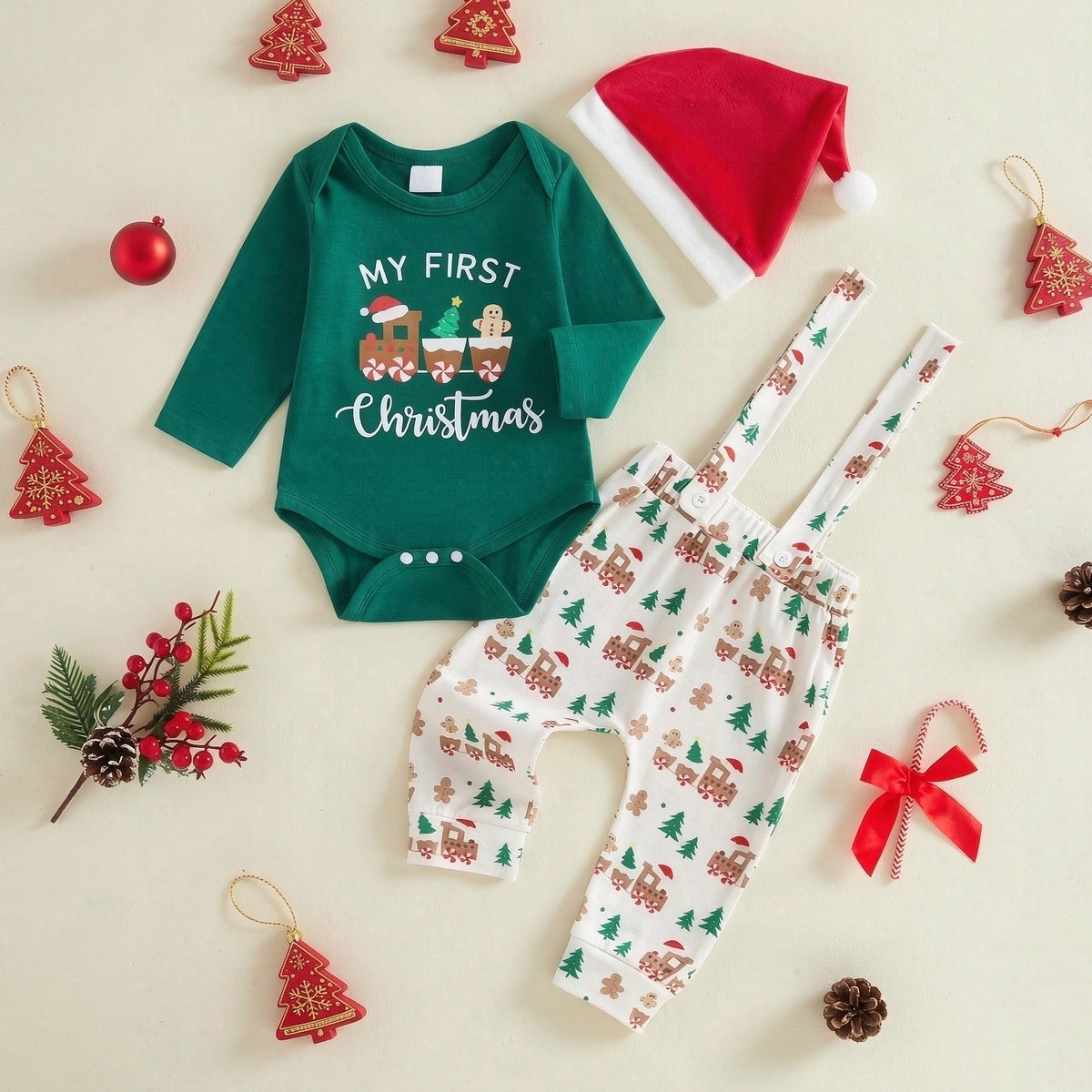 3PCS My First Christmas Letter Train Gingerbread Printed Baby Overalls Set