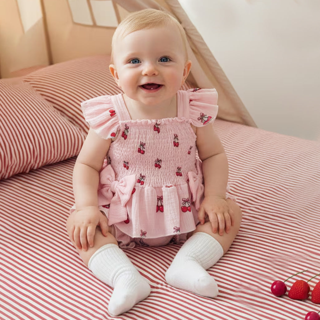 2PCS Summer Cherry Printed Ruffled Fly Sleeve Baby Set