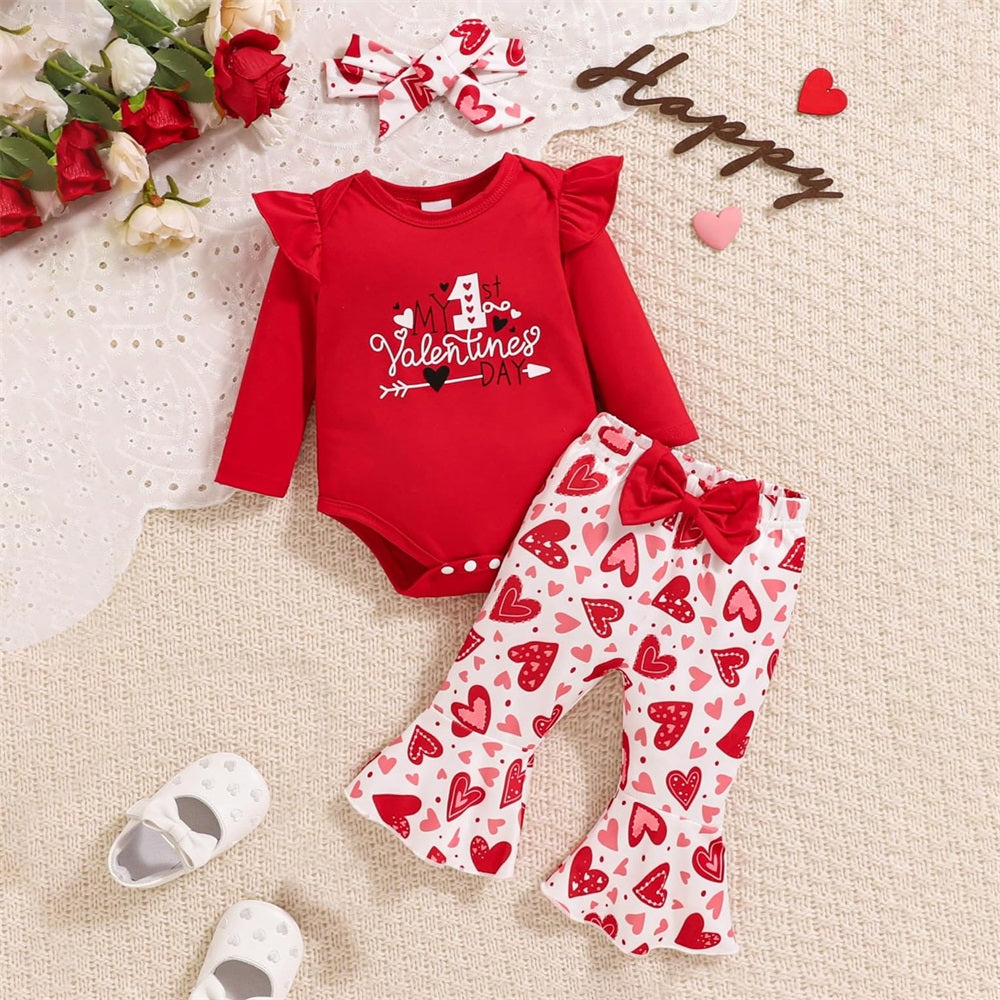 3PCS My 1st Valentine's Day Letter Heart Print Long Sleeve Baby Set