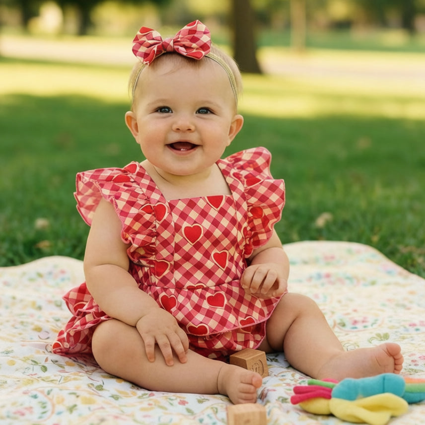 2PCS Gorgeous Heart Plaid Print Flounce Sleeve Baby Romper