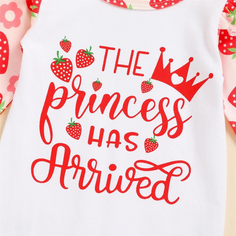 3PCS Princess Has Arrived Letter Strawberry Print Baby Jumpsuit