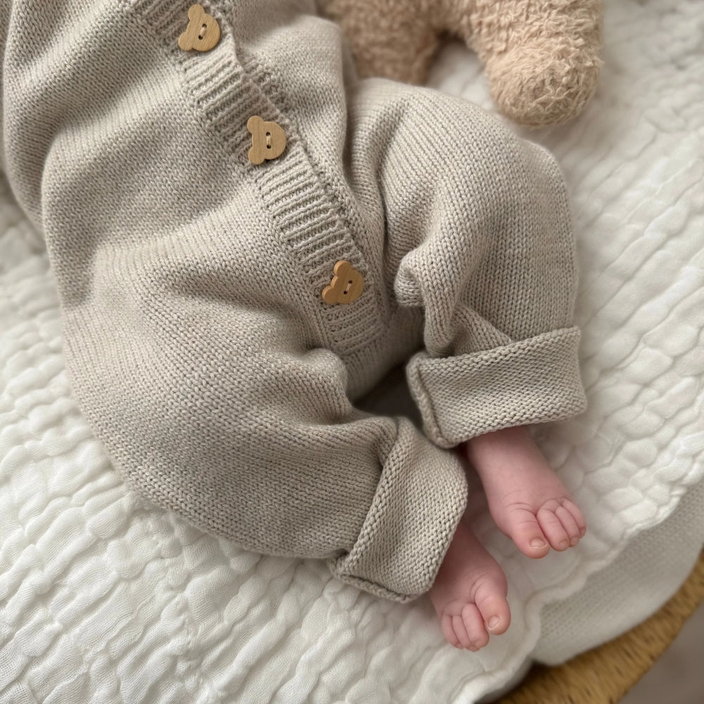 Cozy Solid Color Knit Long Sleeve Baby Hooded Jumpsuit