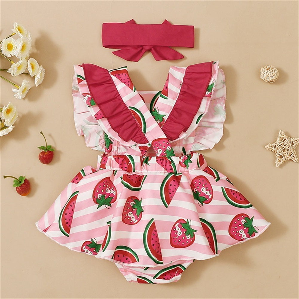 2PCS Watermelon Printed Striped Fly Sleeve Baby Romper