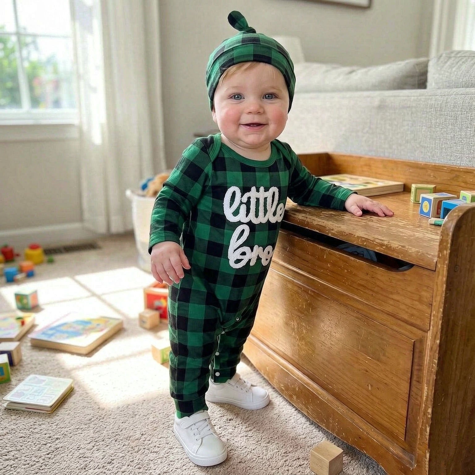 2PCS Little Bro Letter Plaid Printed Long Sleeve Baby Jumpsuit