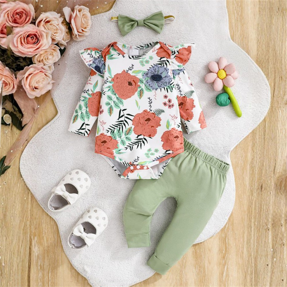 3PCS Casual Cute Floral Printed Long Sleeve Baby Set