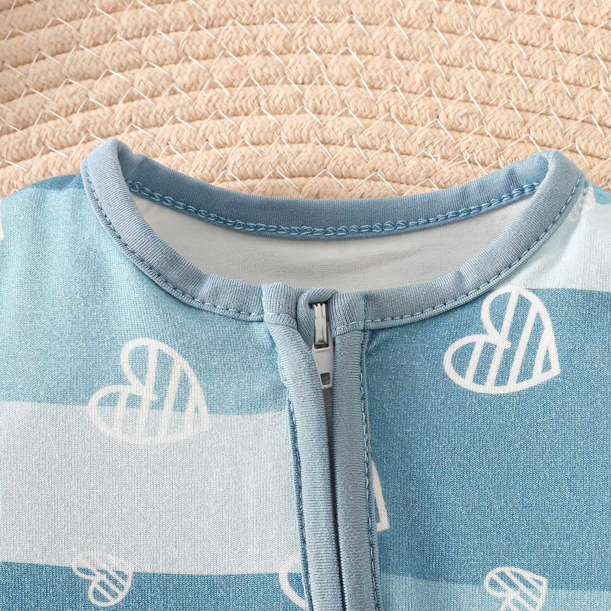 Cute All-Over Heart & Stripe Print Short Sleeve Zipper Baby Jumpsuit