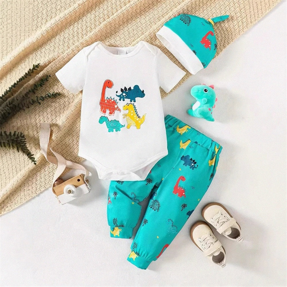 3PCS Fashion Summer Dinosaur Printed Short Sleeve Baby Set