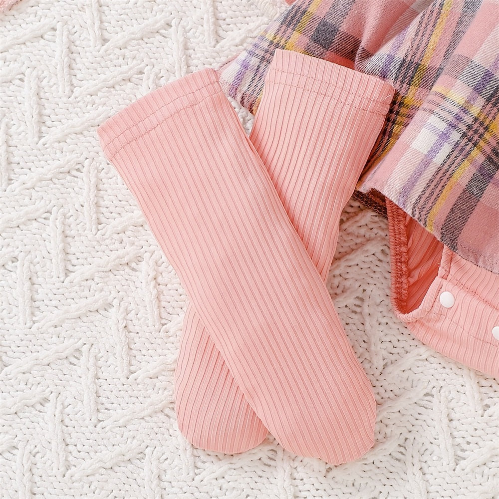 3PCS Sweet Plaid Print Puff Sleeve Baby Romper