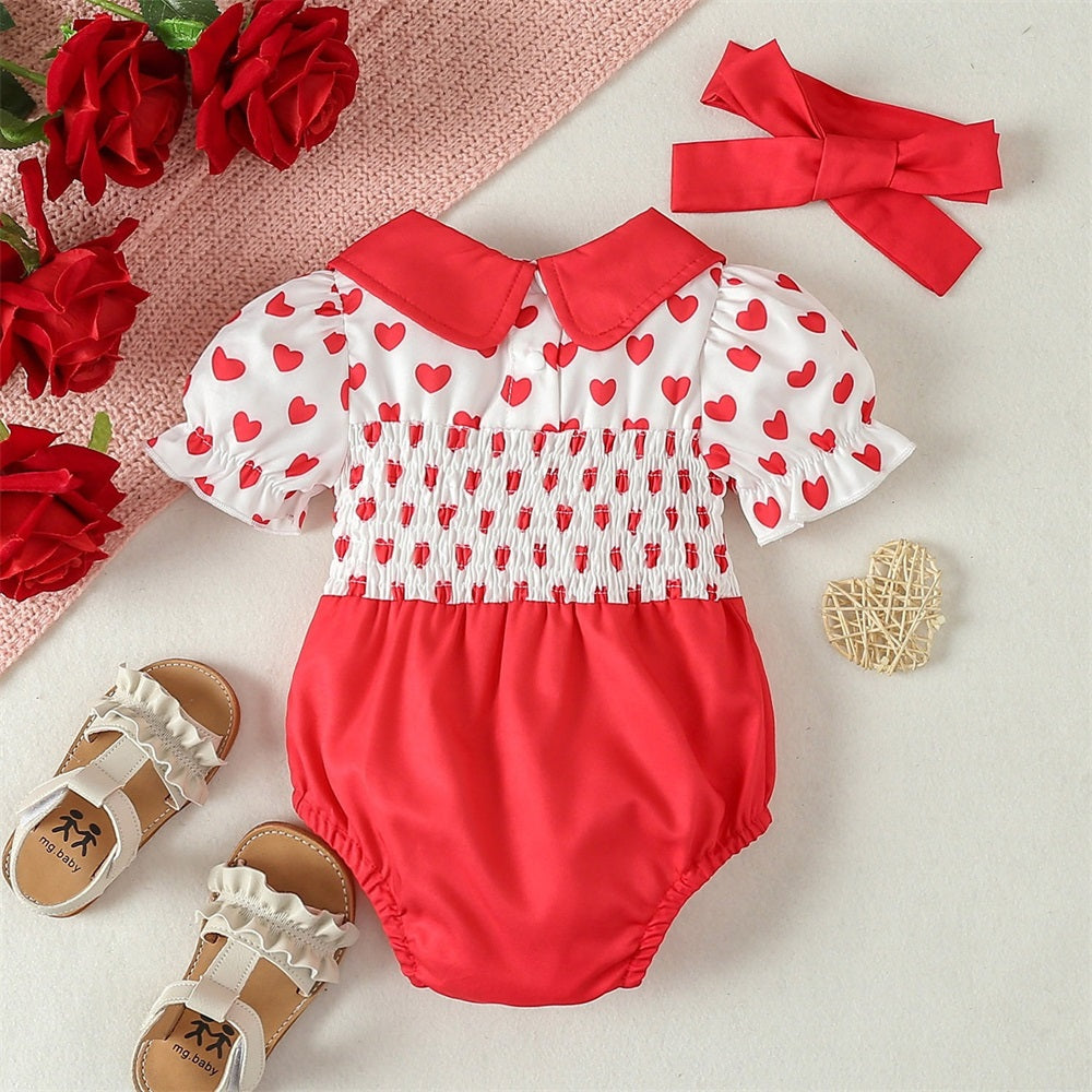 2PCS Cute Heart Printed Lapel Short Sleeve Baby Romper