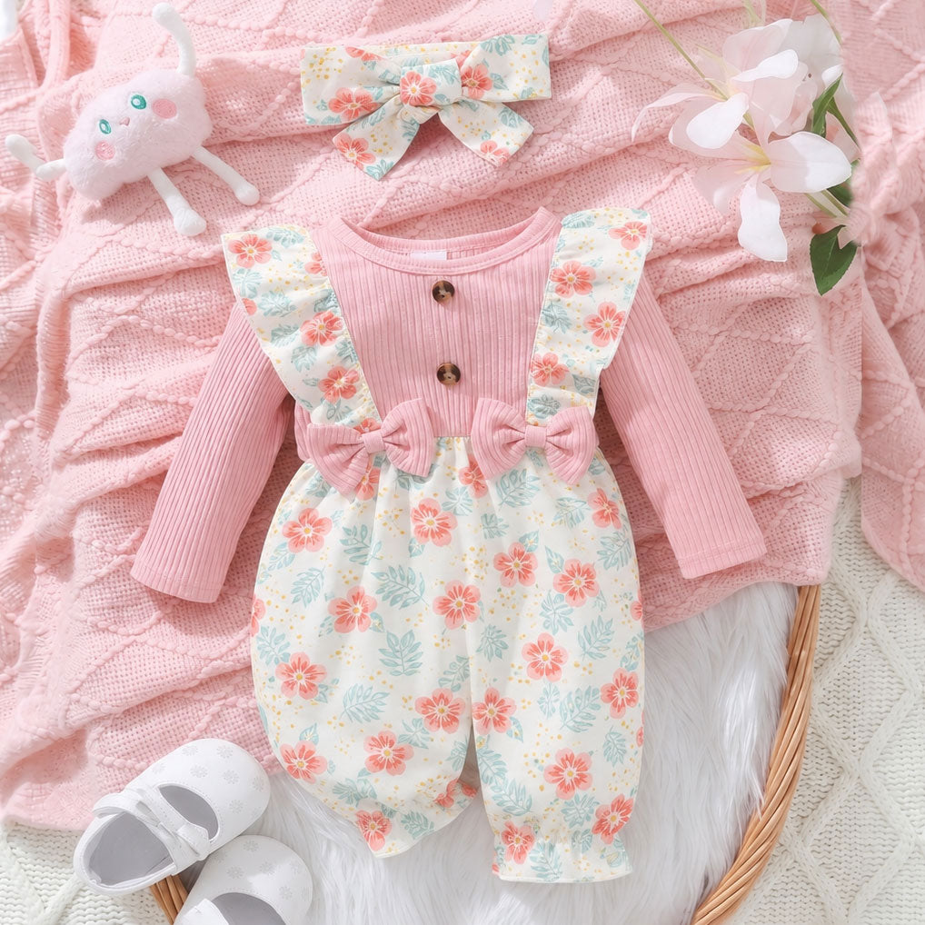 2PCS Quirky Floral Printed Long Sleeve Baby Jumpsuit
