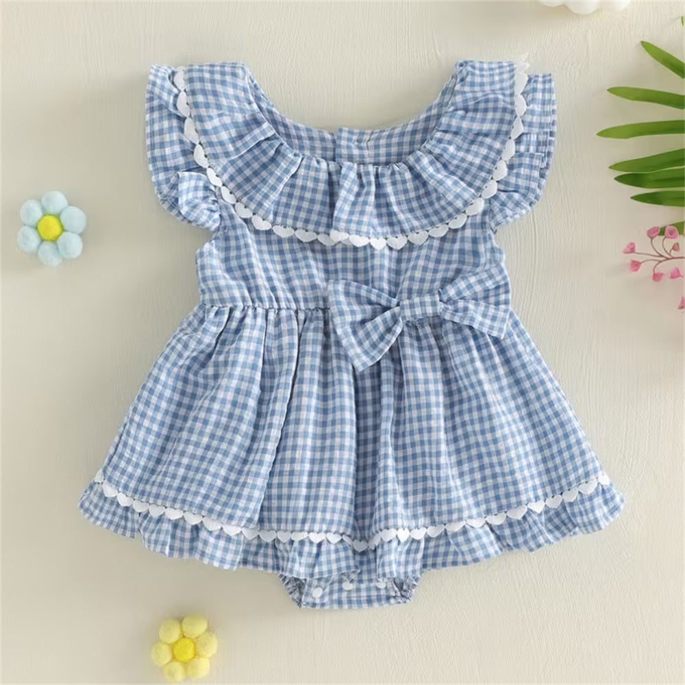 Casual Plaid Printed Bow Sleeveless Baby Romper