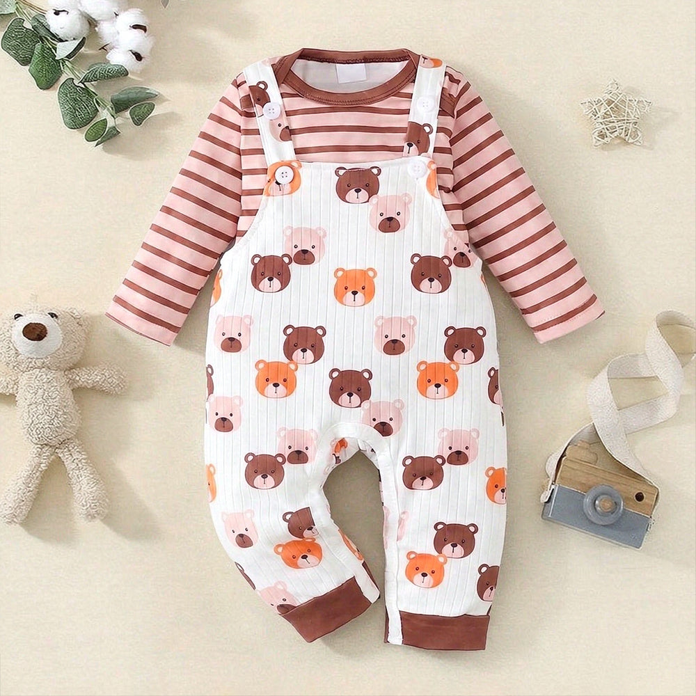 2PCS Stripe Print Romper and Bear Print Overalls Baby Set