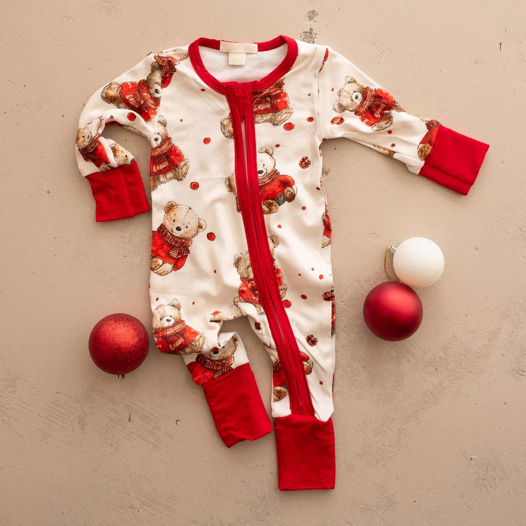 Cute Christmas Bear Printed Zipper Long Sleeve Baby Jumpsuit