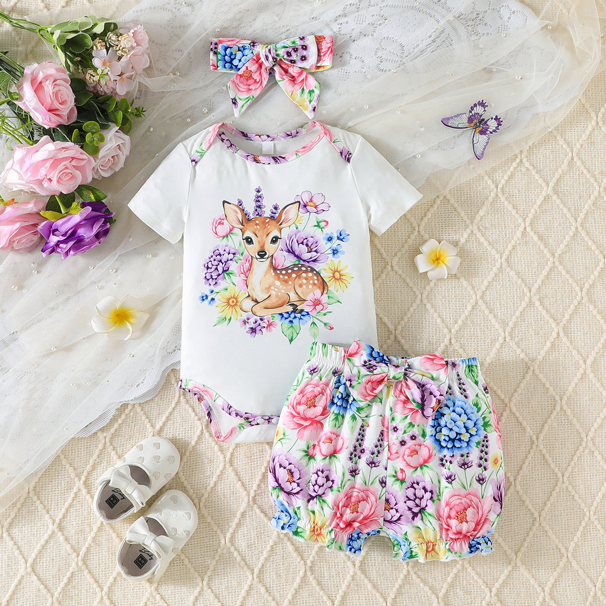 3PCS Adorable Giraffe Floral Print Short Sleeve Baby Set