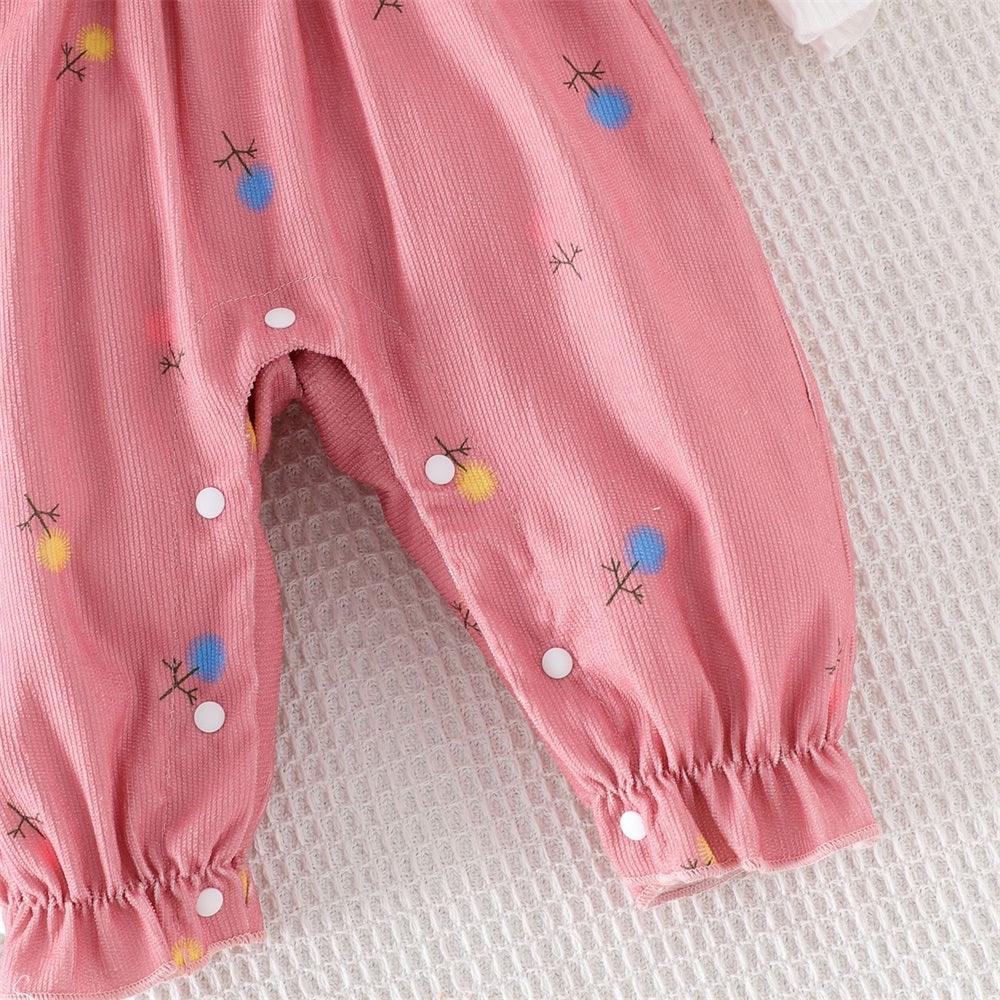 2PCS Cute Dandelion Print Bow Long Sleeve Baby Jumpsuit