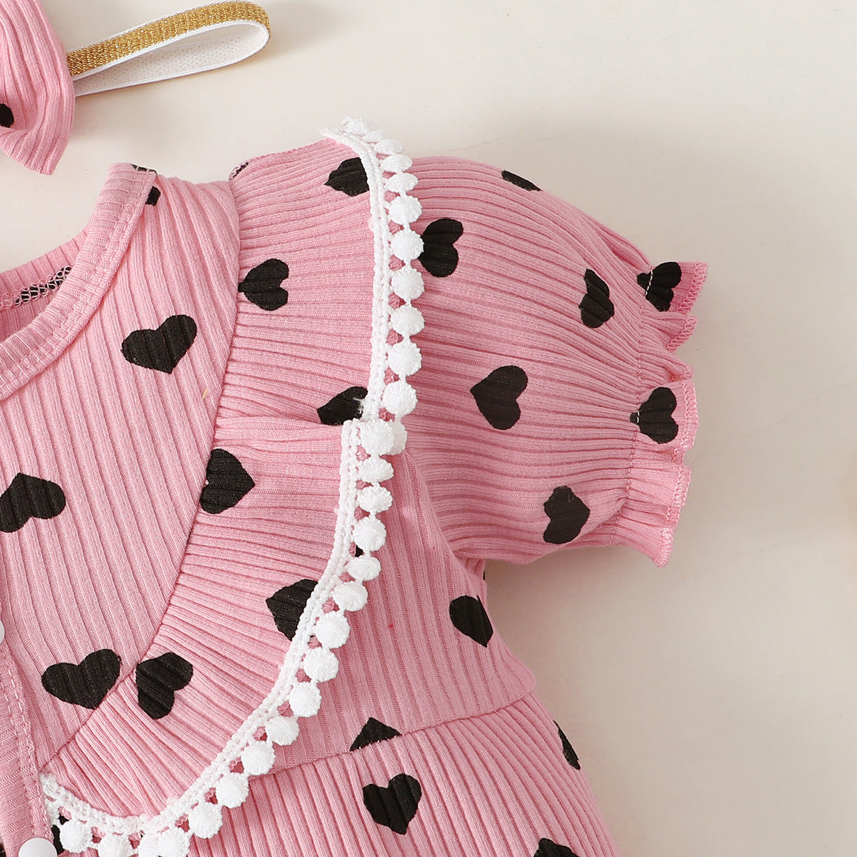 2PCS Lovely Heart Printed Short Sleeve Baby Jumpsuit