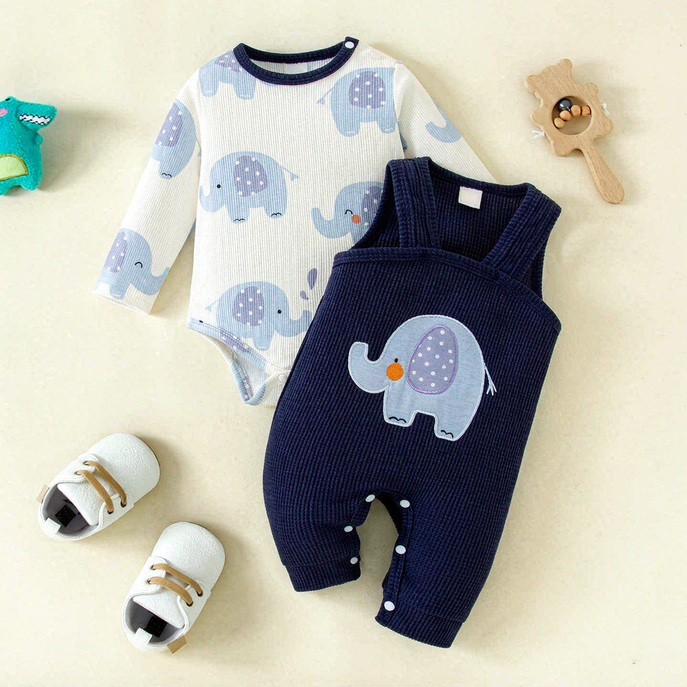 2PCS Cute Elephant Print Long Sleeve Corduroy Baby Boy Overalls Set