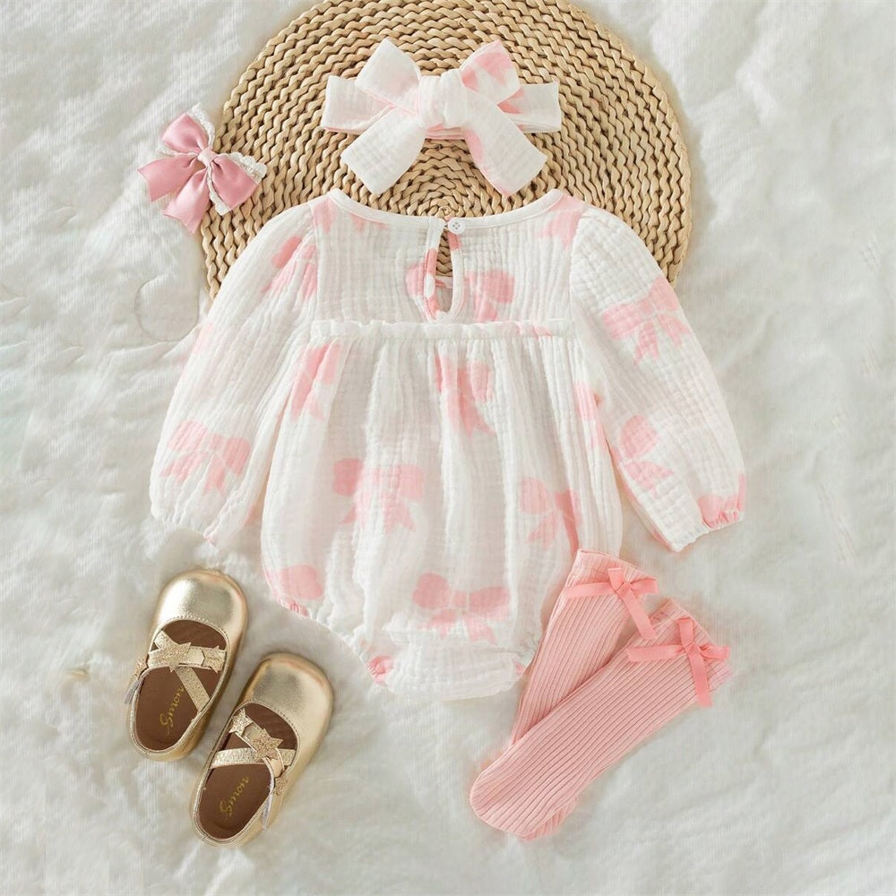 3PCS Refined Bow Printed Long Sleeve Baby Girl Romper