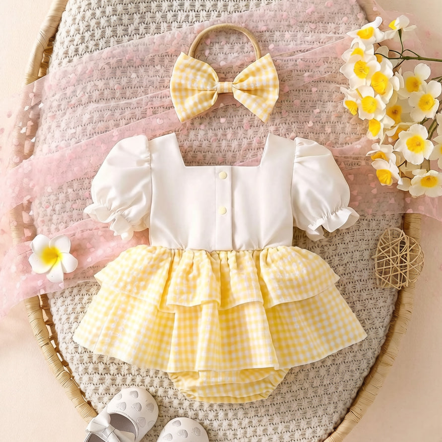 2PCS Floral Embroidery Plaid Print Short Sleeve Baby Romper