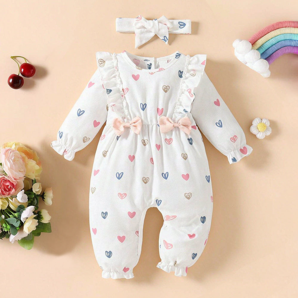 2PCS Lovely Allover Heart Printed Long Sleeve Jumpsuit