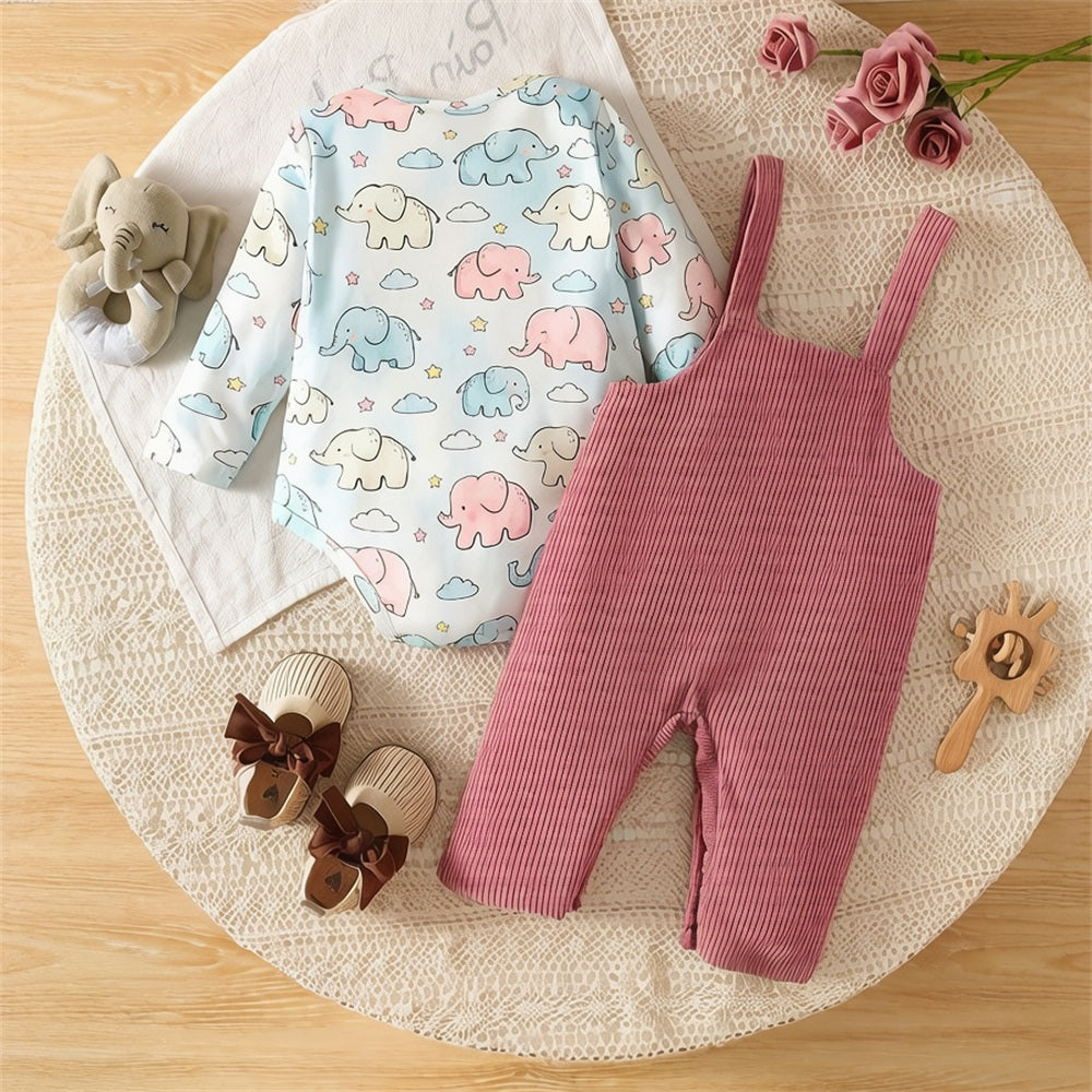 2PCS Pretty Elephant Print Long Sleeve Baby Set