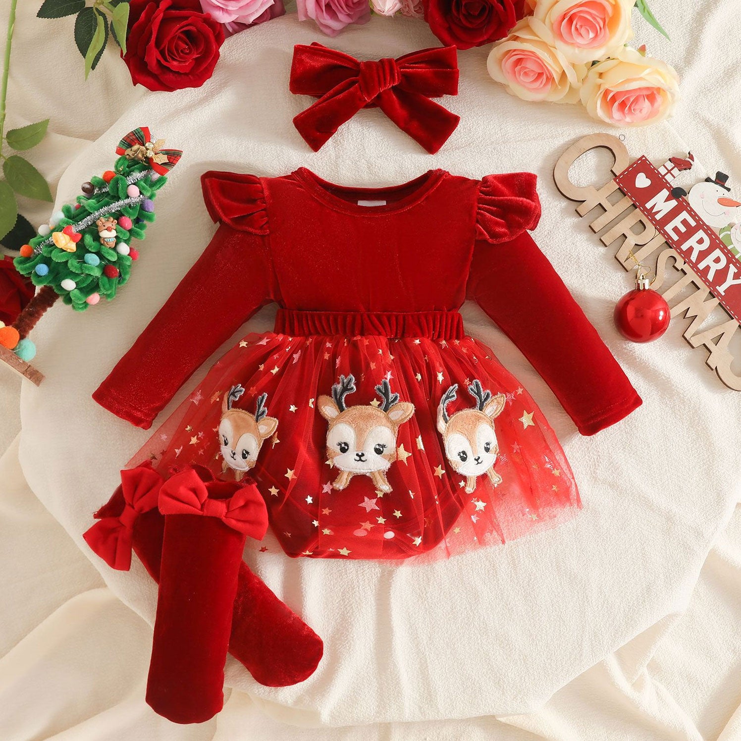 3PCS Lovely Christmas Elk Gingerbread Embroidery Velvet Baby Romper