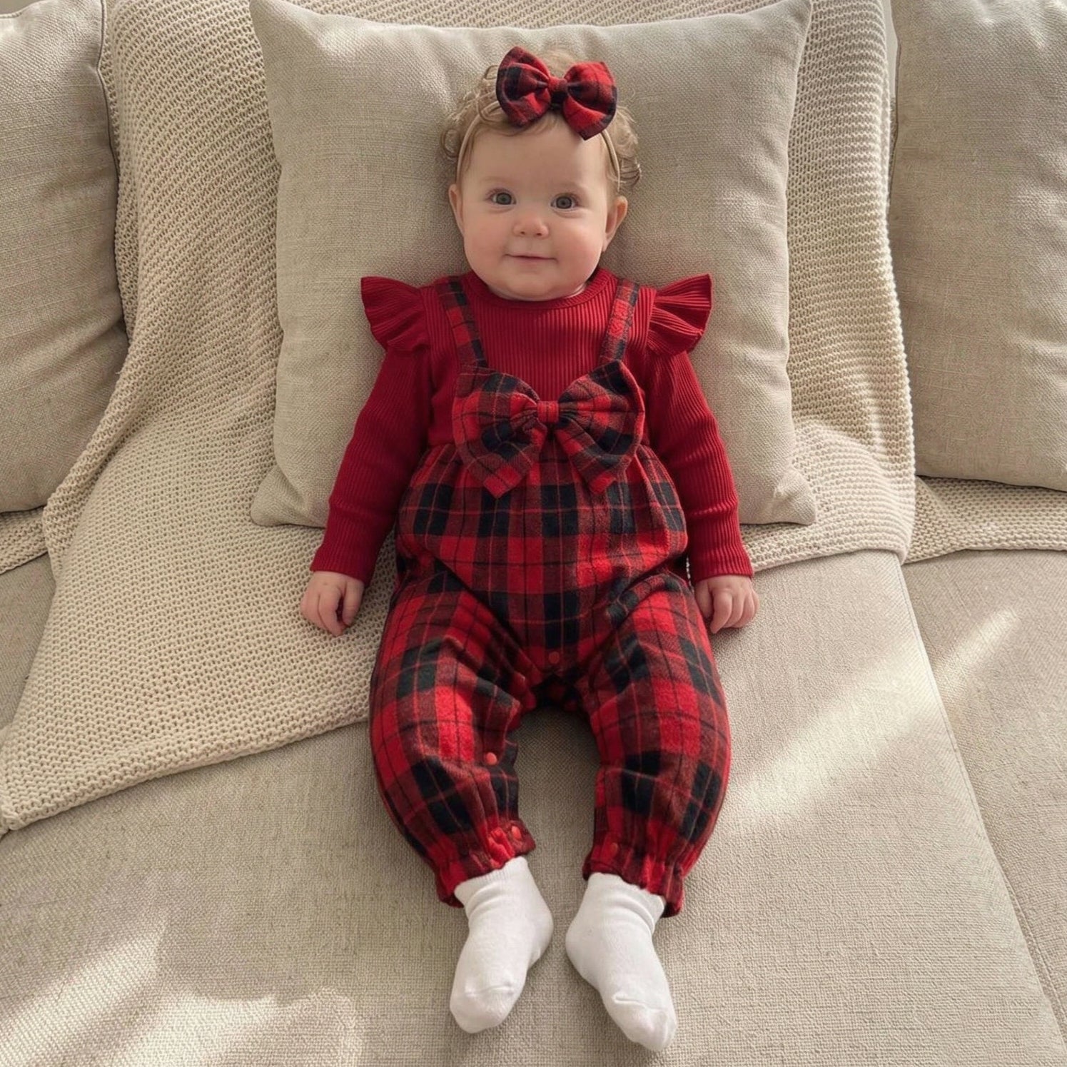 2PCS Precious Plaid Printed Bow Long Sleeve Baby Jumpsuit