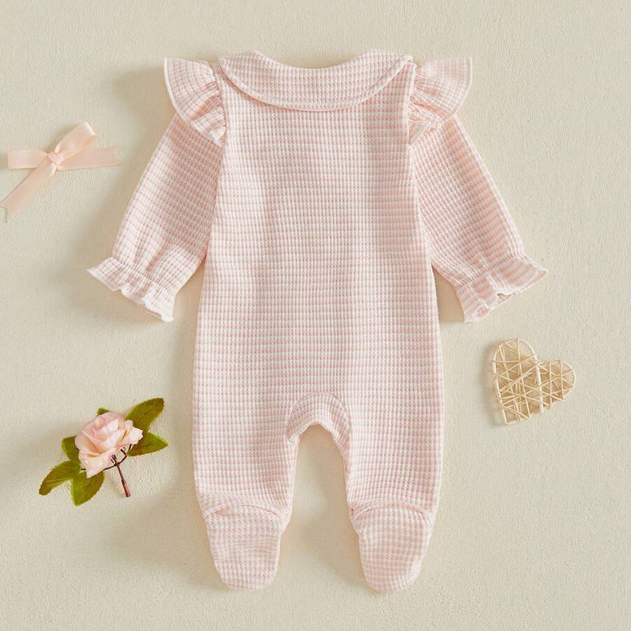 Comfy Solid Color Waffle Long Sleeve Ruffle Baby Girl Jumpsuit