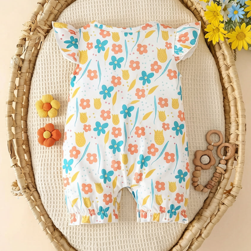 Graceful Allover Floral Print Flutter Sleeve Baby Jumpsuit
