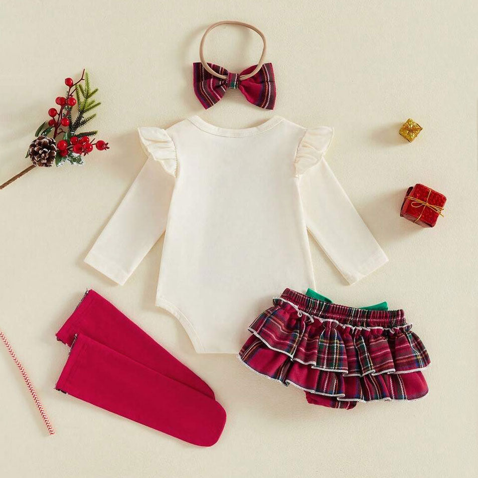 4 PCS My First Christmas Letter Tree Embroidered Plaid Print Baby Set