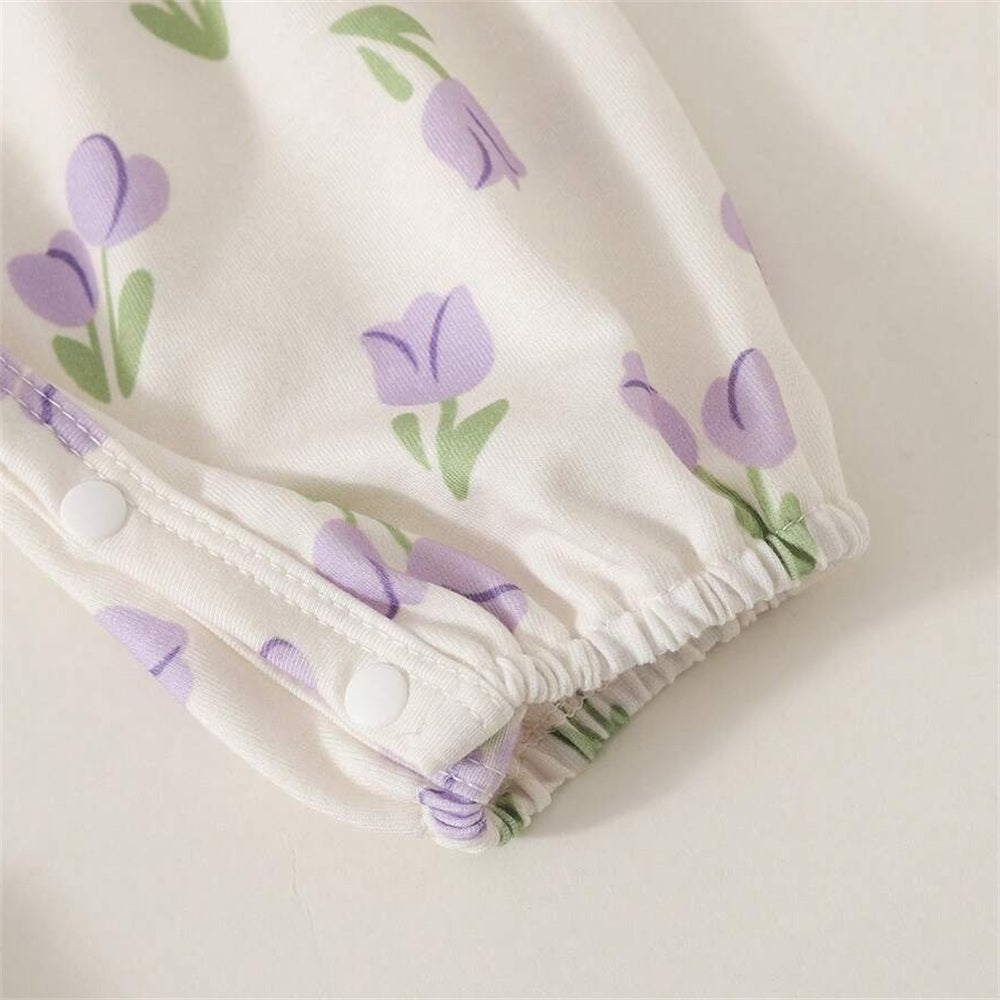 2PCS Classy Floral Print Bow Flutter Sleeve Baby Jumpsuit