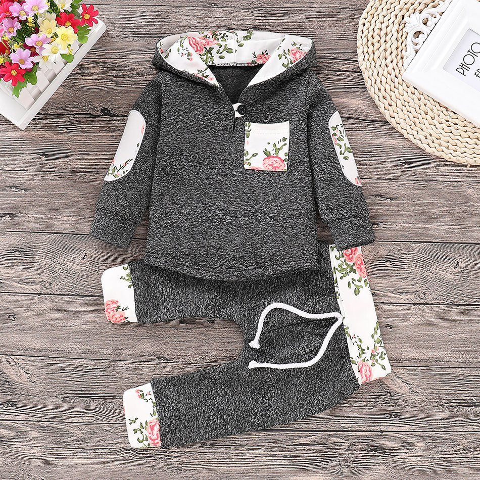 Conjunto de 2 piezas con sudadera con capucha con empalme floral y pantalones con bloques de color