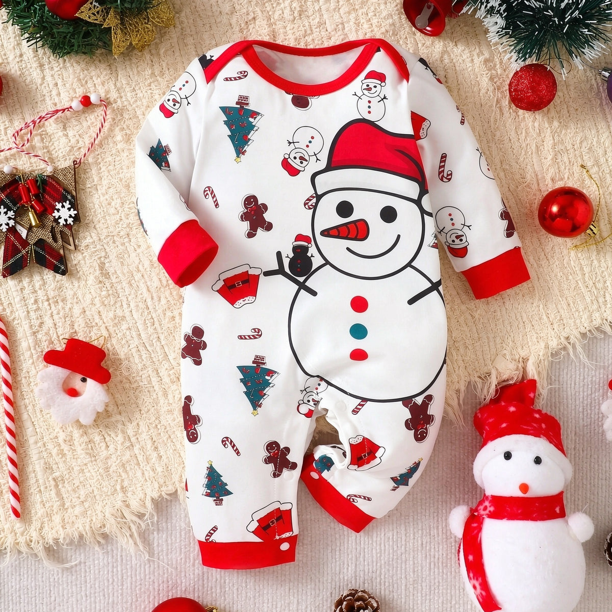 Christmas Snowman Gingerbread Man Print Long Sleeve Baby Jumpsuit