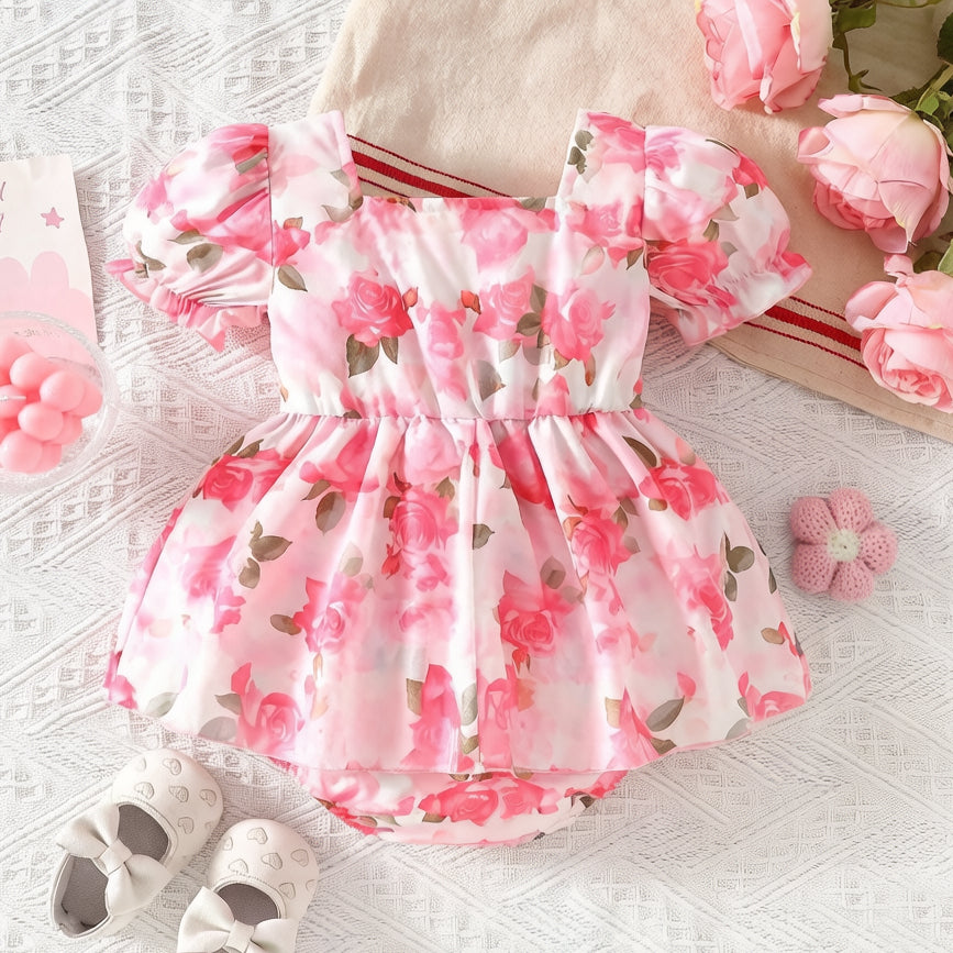 2PCS Vibrant Floral Print Bow Short Sleeve Baby Romper