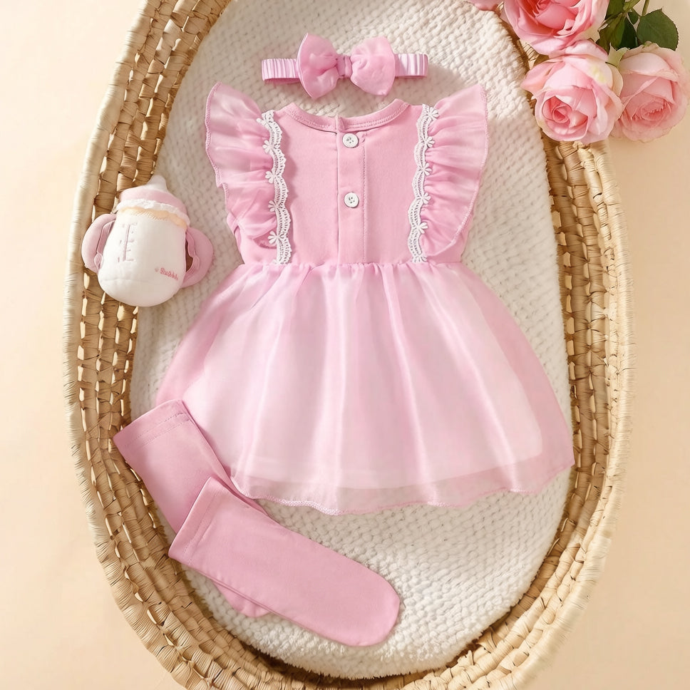3PCS Pretty Solid Color Tulle Flounce Sleeve Baby Dress