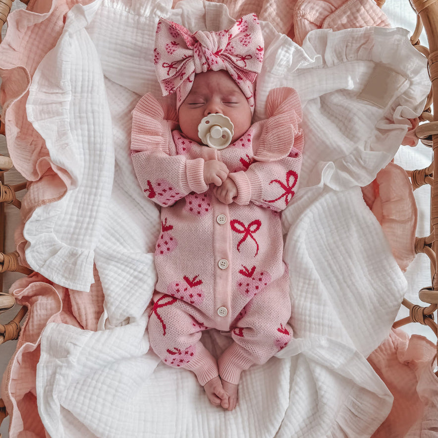 Soft Frill Knit Strawberry Bow Print Long Sleeve Baby Jumpsuit