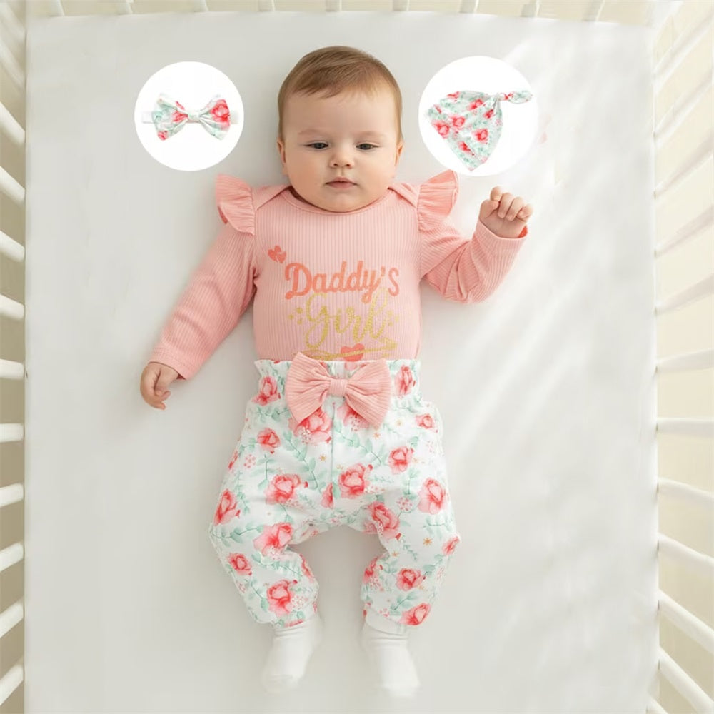 4PCS Daddy's Girl Letter Floral Printed Long Sleeve Baby Set