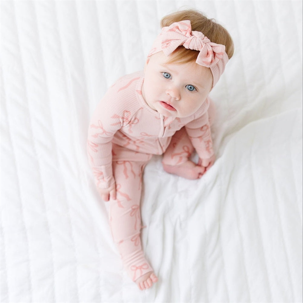 2PCS Bow Print Ribbed Zip Long Sleeve Baby Jumpsuit