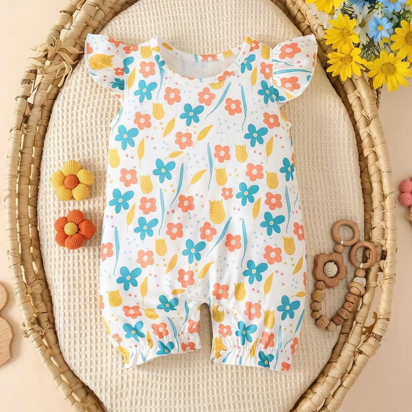 Graceful Allover Floral Print Flutter Sleeve Baby Jumpsuit