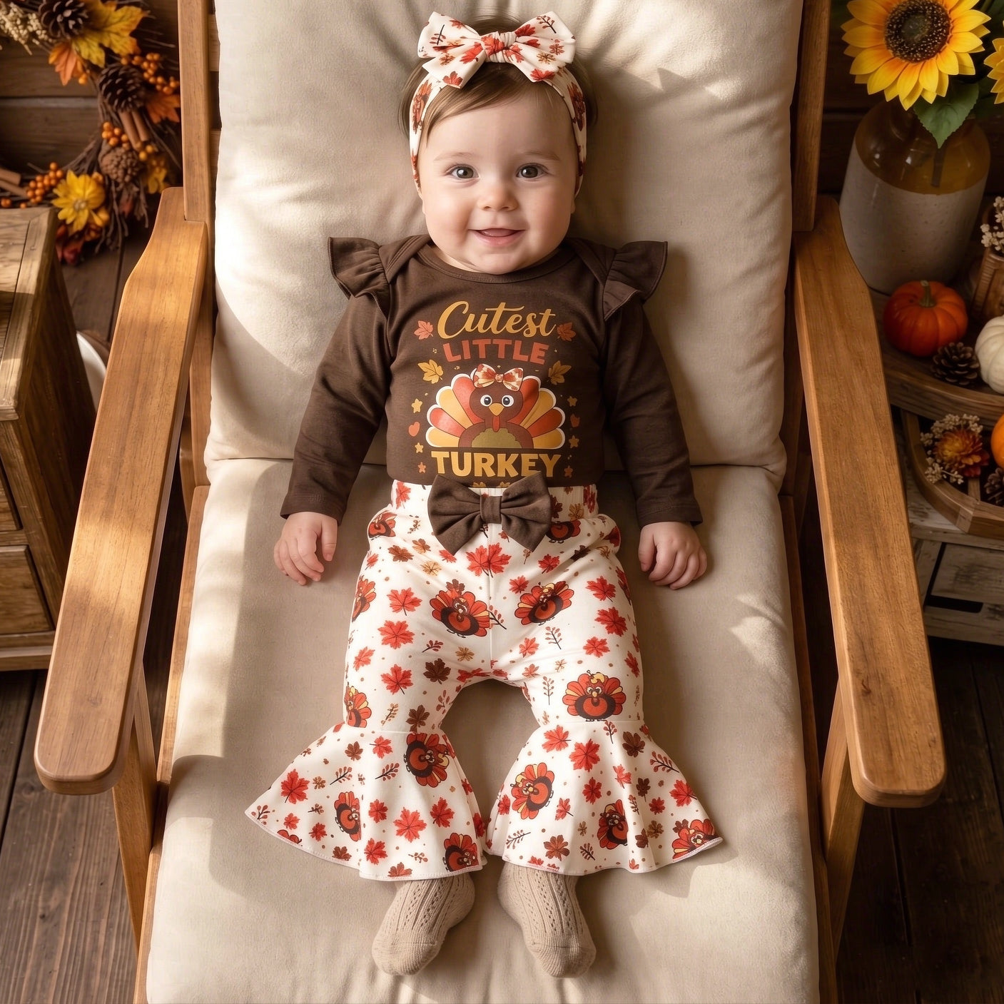 3PCS Cutest Little Turkey Letter Maple Leaves Print Thanksgiving Baby Set