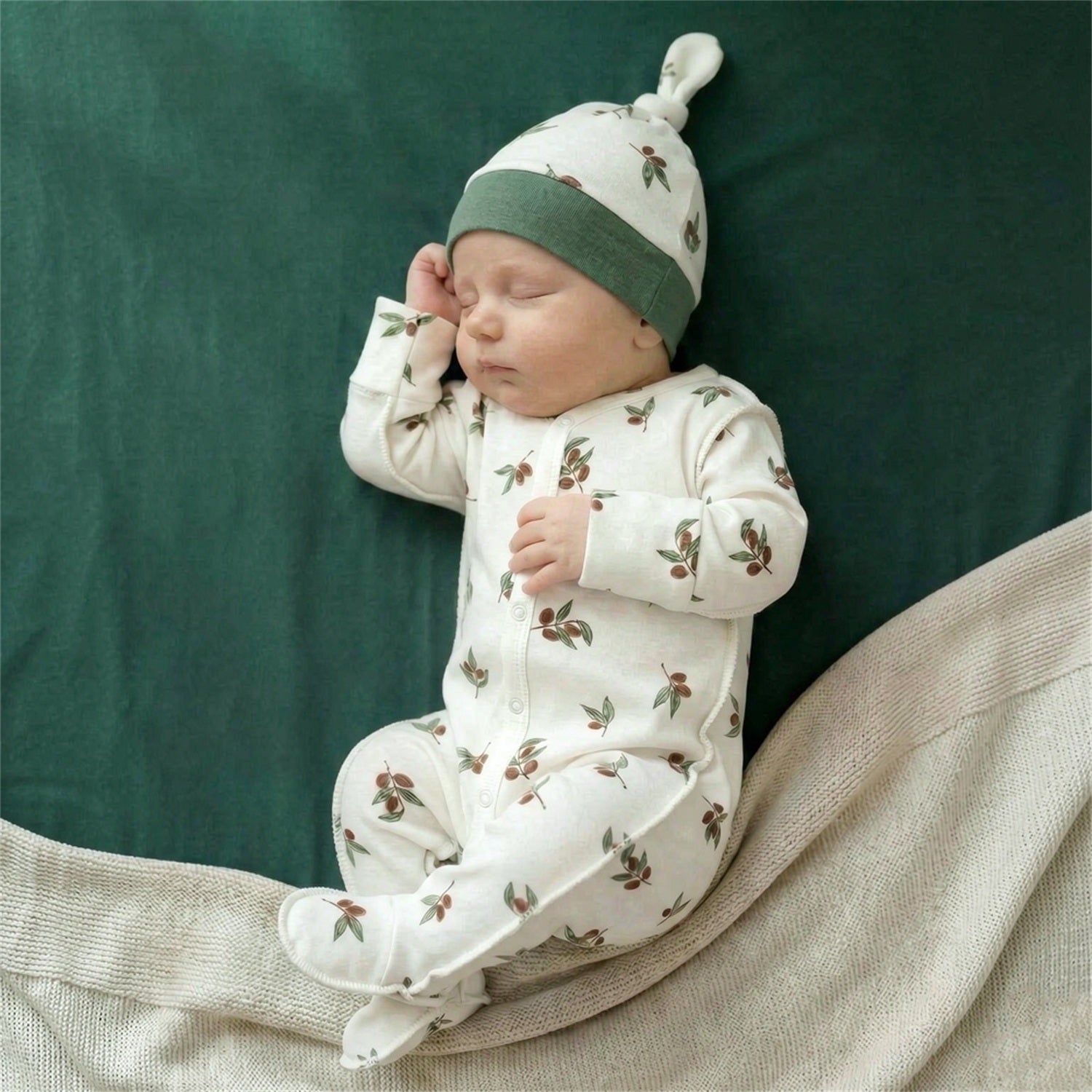 2PCS Olive Leaf Printed Long Sleeve Baby Jumpsuit