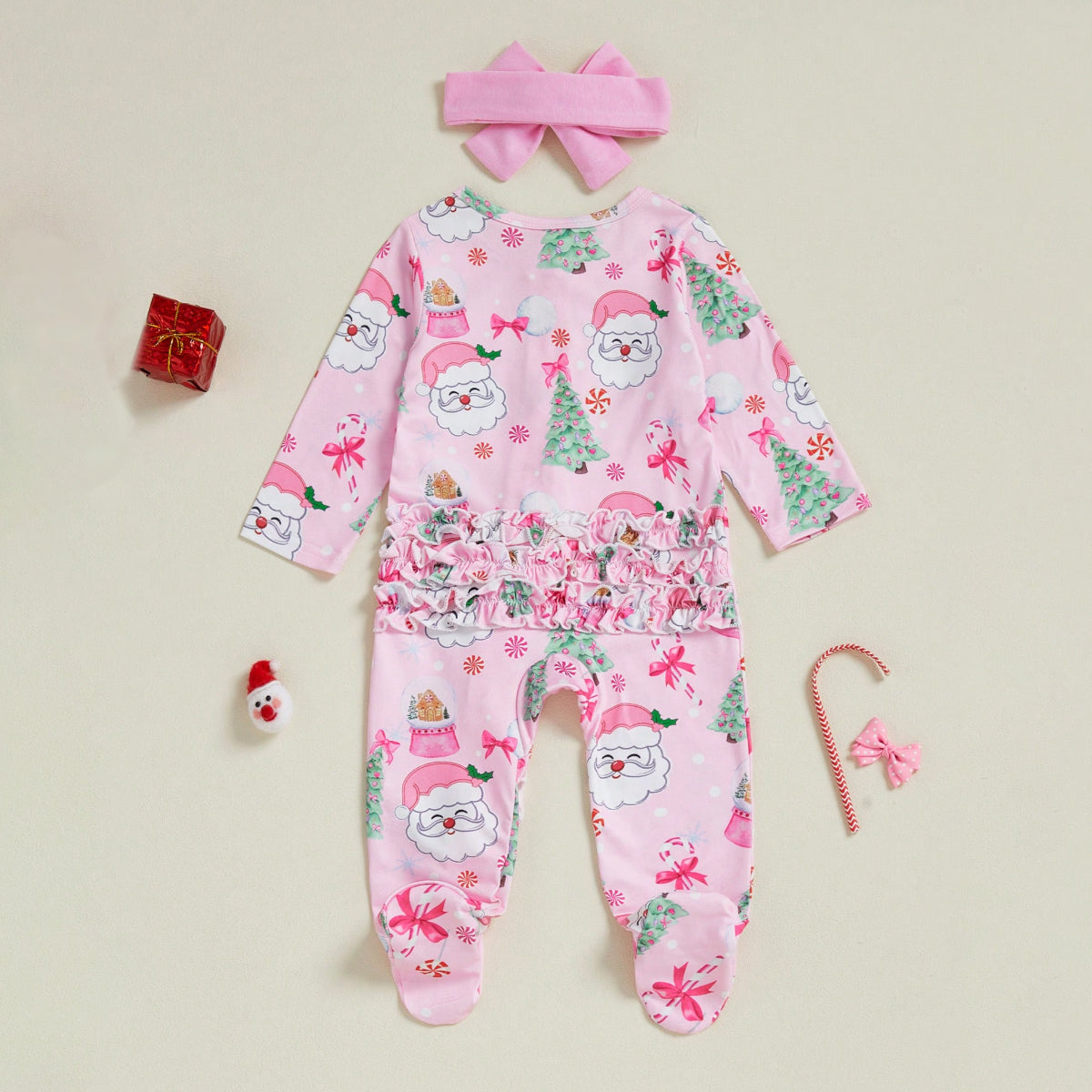 Christmas Santa Claus Printed Ruffles Zipper Baby Jumpsuit