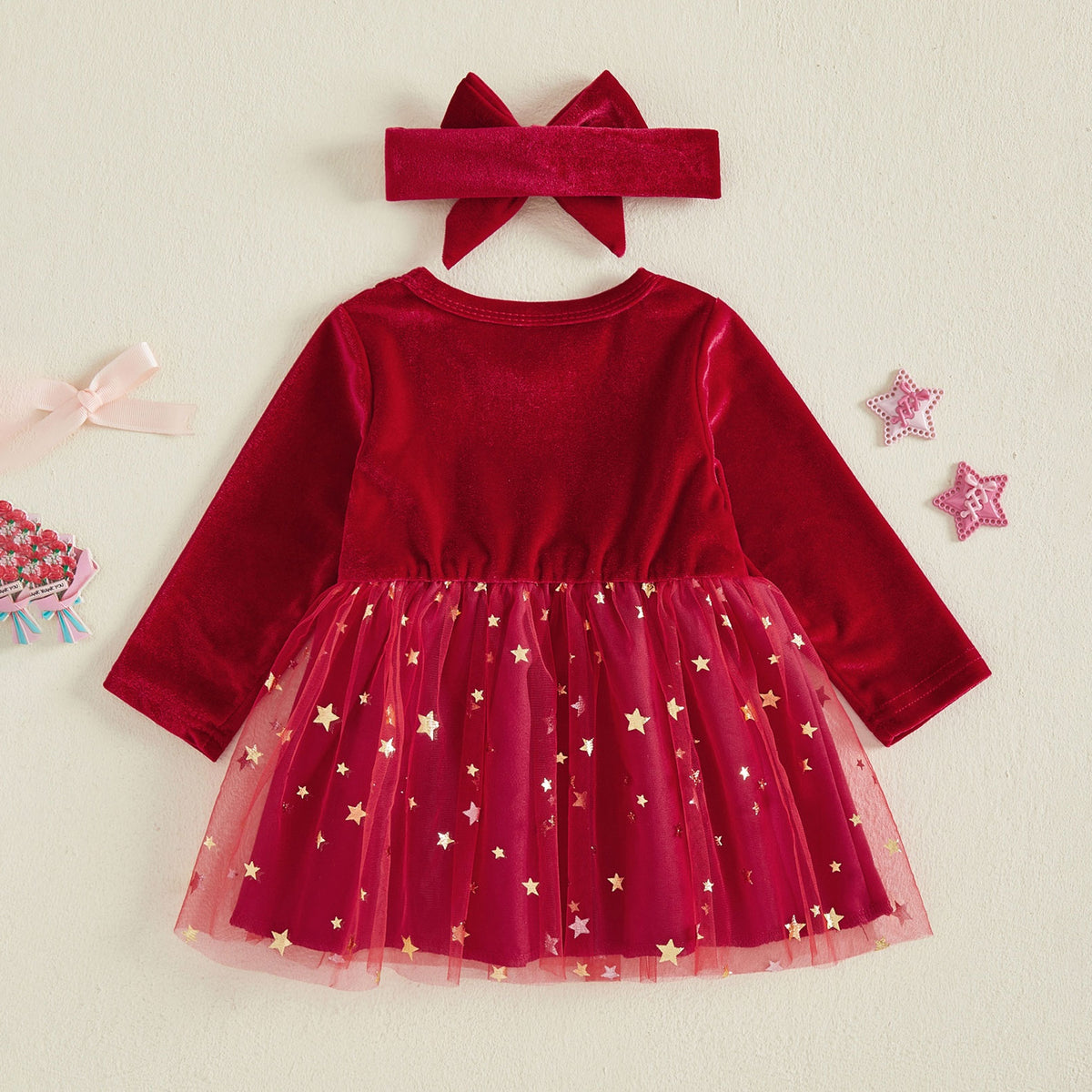 2PCS Christmas Star Printed Long Sleeve Velvet Baby Dress