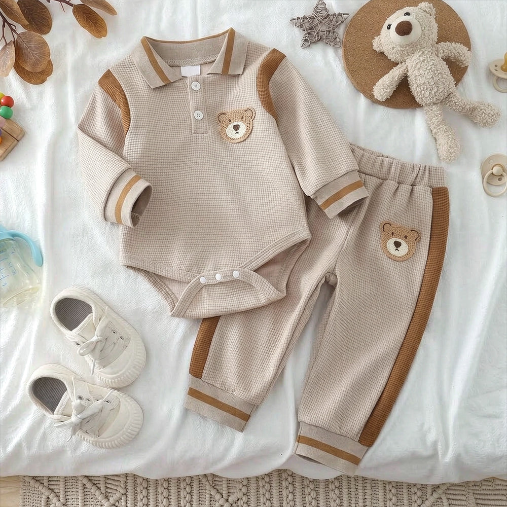 2PCS Casual Bear Applique Colorblock Baby Boy Waffle Set