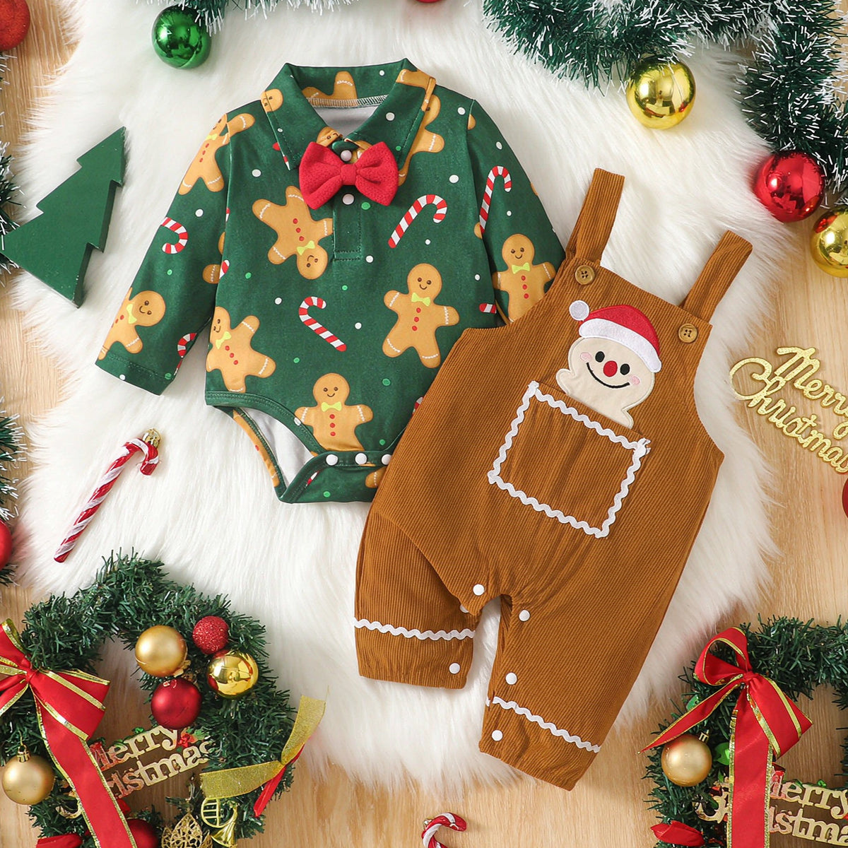 2PCS Gingerbread Man Candy Cane Print Long Sleeve Baby Overalls Set
