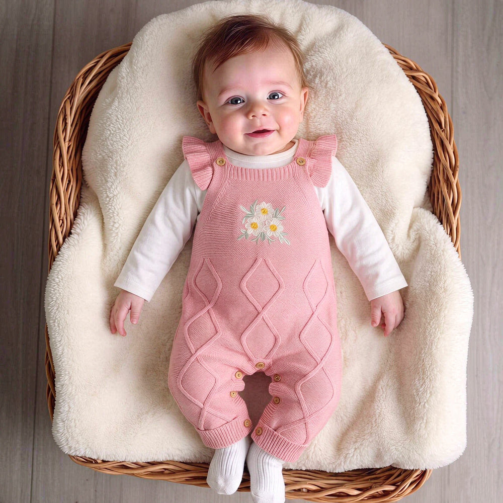 2PCS Grace Floral Embroidered Long Sleeve Knit Baby Girl Overalls Set